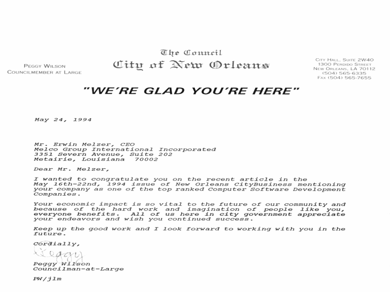 City Of New Orleans City Council Melco Group letter of appreciation